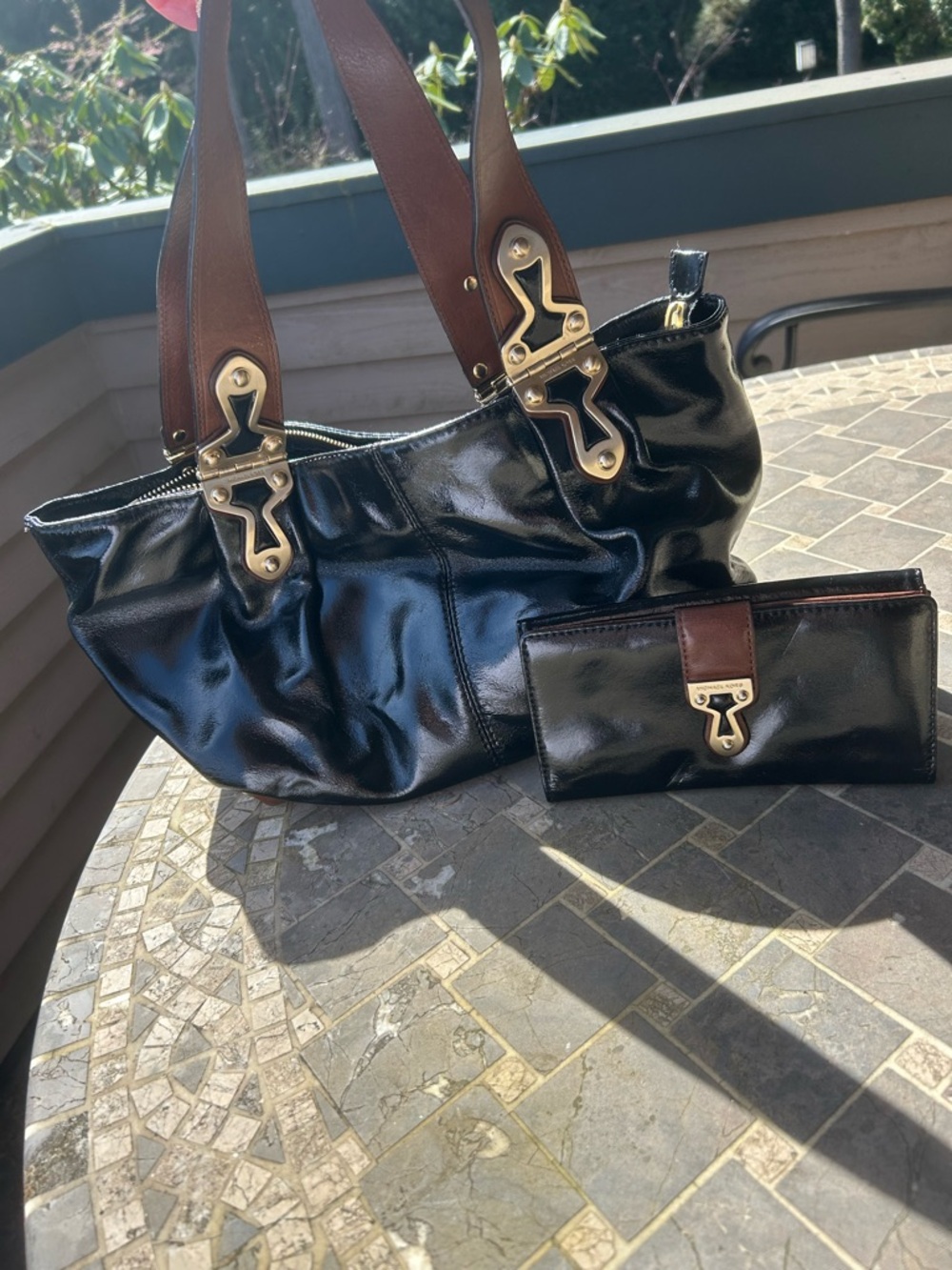 Michael Kors Black Patent Leather Tote and Wallet Set with Brown LeatherHandles